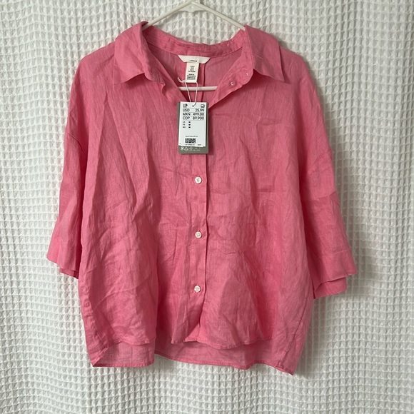 H&M Tops - H&M Pink 100% Linen Button Down Short Sleeve Shirt Medium NWT